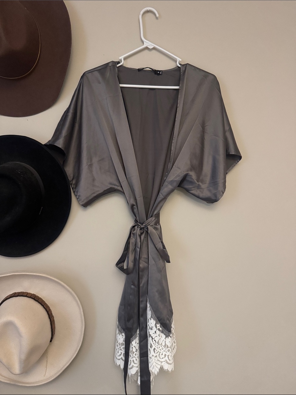 For Love and Lemons Satin Lace Trim Kimono Robe